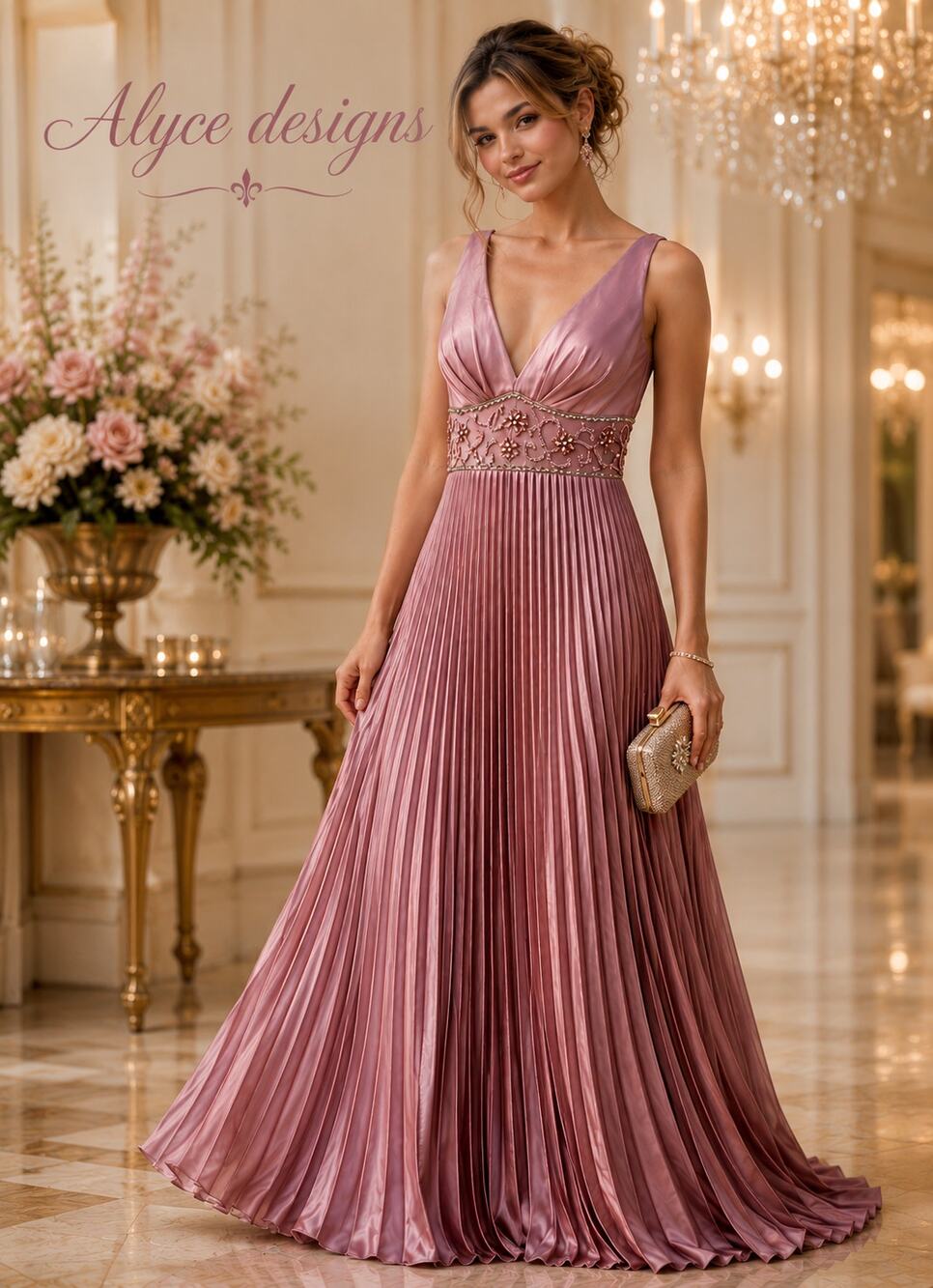 Alyce Designs Blush Pink Beaded Pleated Gown | Size 6 |